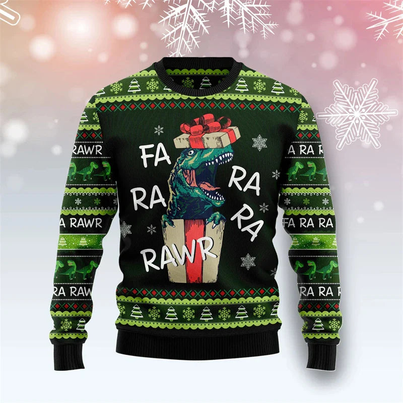 Dinosaurus kersttrui voor mannen met 3D-print en losse pasvorm 7