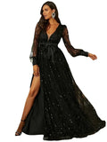 Długa Czarne Sukienka Wieczorowa z Cekinami i Siateczką na Specjalne Okazje 4