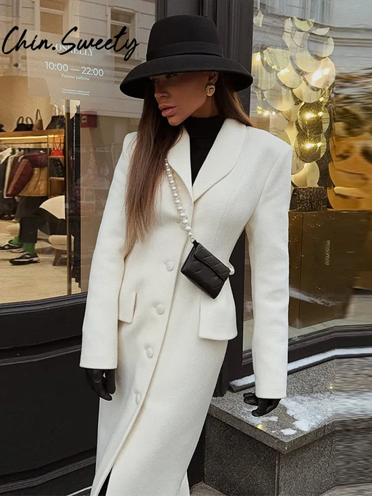 Długi Płaszcz Damski Wełniany z Klapami, Elegancki, Idealny na Jesień i Zimę 1