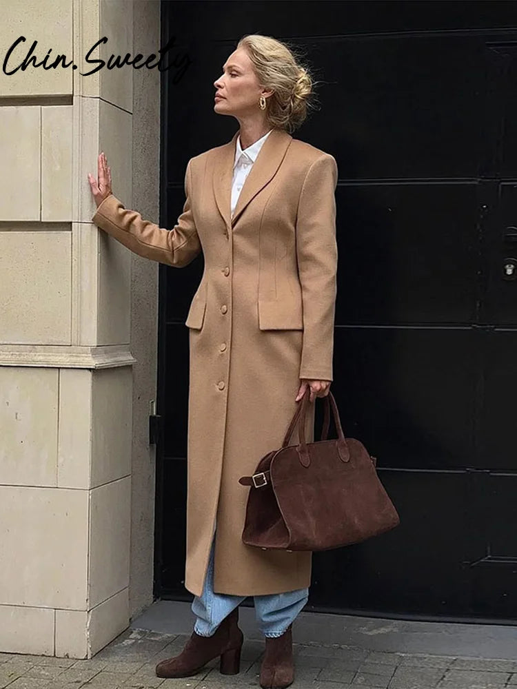 Długi Płaszcz Damski Wełniany z Klapami, Elegancki, Idealny na Jesień i Zimę 4