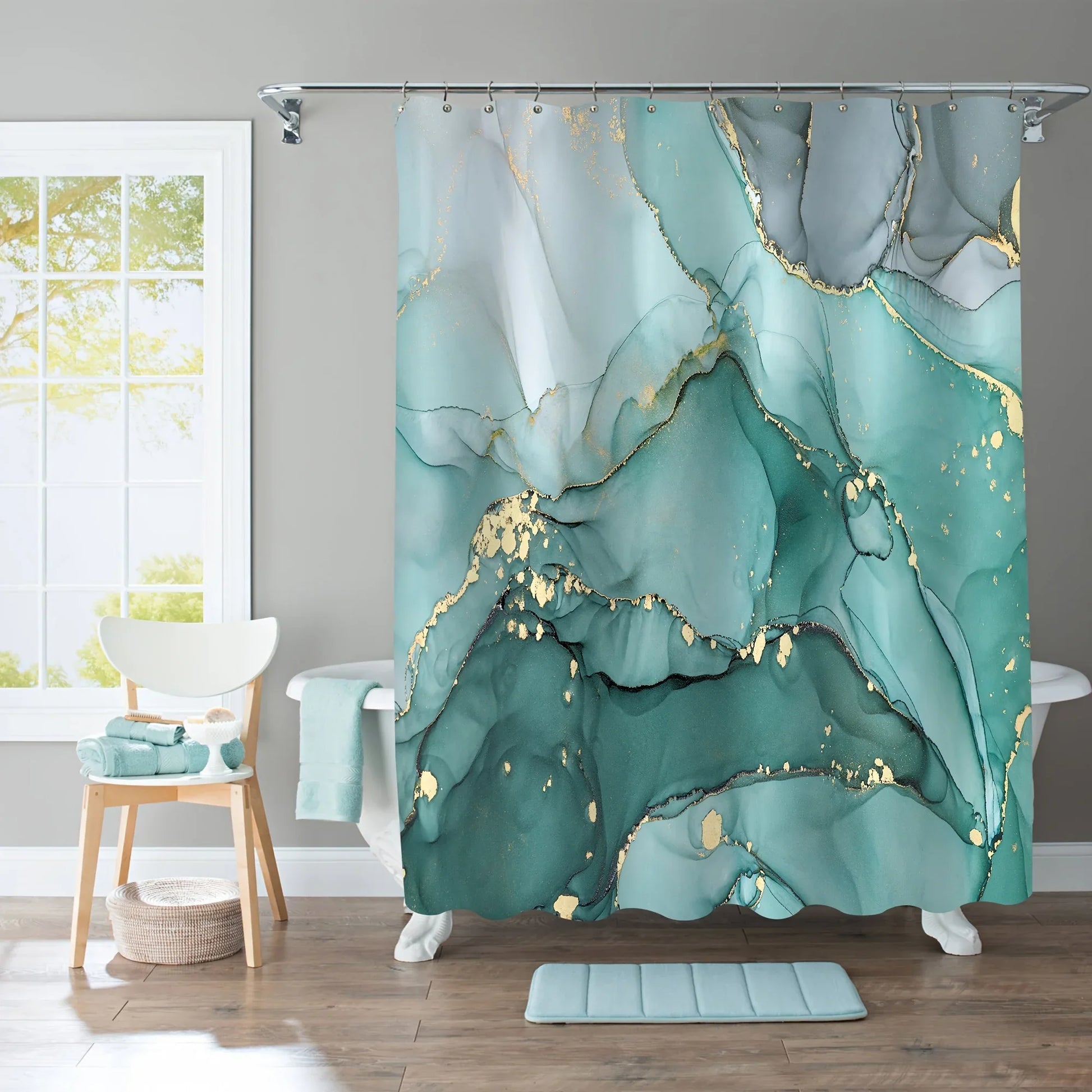 Elegantes Badezimmer-Set im Marmor-Stil mit Duschvorhang, U-förmiger Matte in Blaugrün und Gold 2