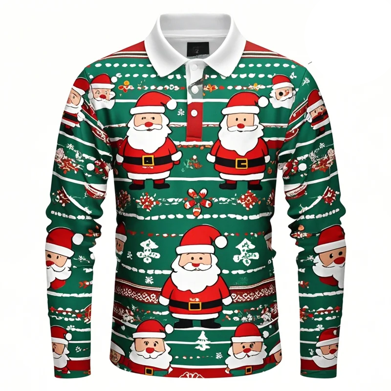 Kerstman 3D grafisch poloshirt voor heren met lange mouwen 0