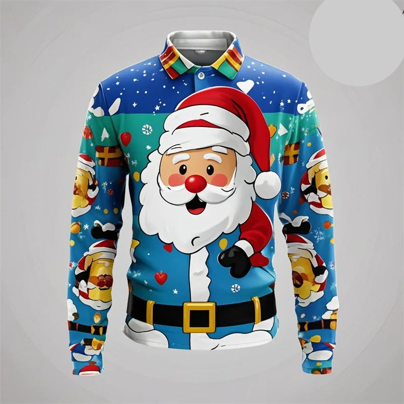 Kerstman 3D grafisch poloshirt voor heren met lange mouwen 1