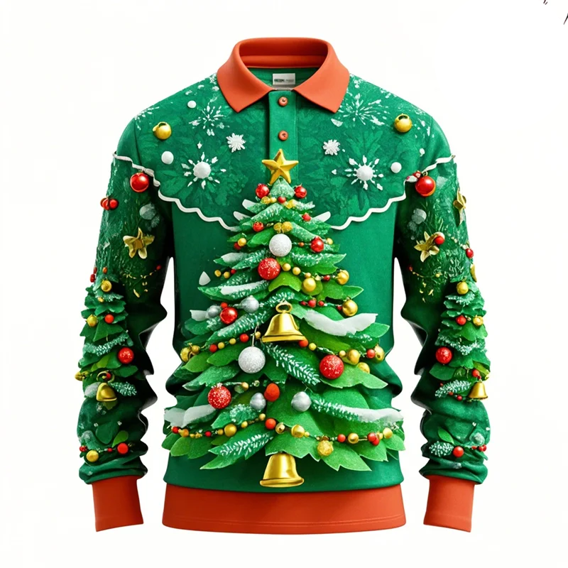 Kerstman 3D grafisch poloshirt voor heren met lange mouwen 3