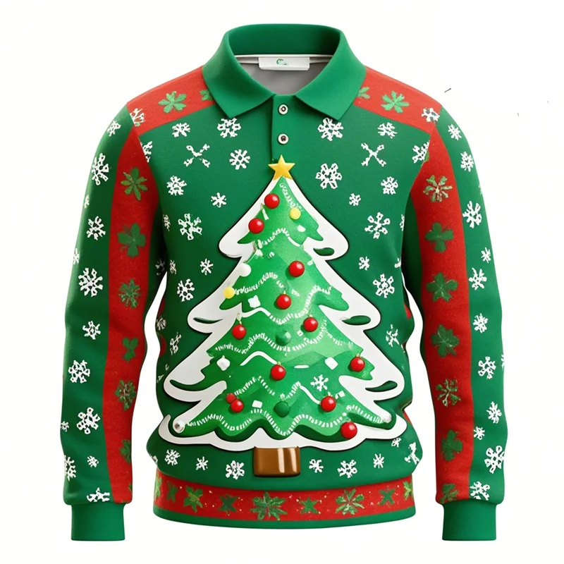 Kerstman 3D grafisch poloshirt voor heren met lange mouwen 8