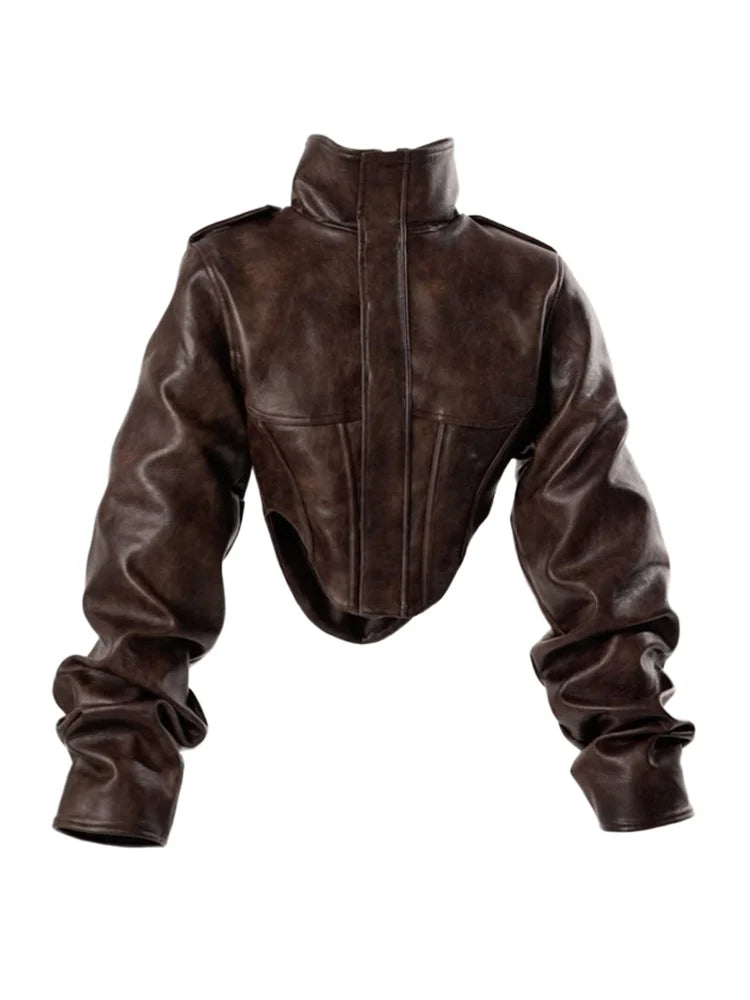 Kurtka Damska Przycięta z Sztucznej Skóry w Stylu Motocyklowym, Czarna, Rękawy Balonowe 1