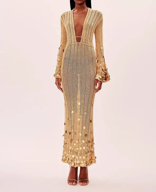 Maxi Sukienka Cekinowa z Głębokim Dekoltem i Długimi Rękawami, Elegancka na Okazje 6