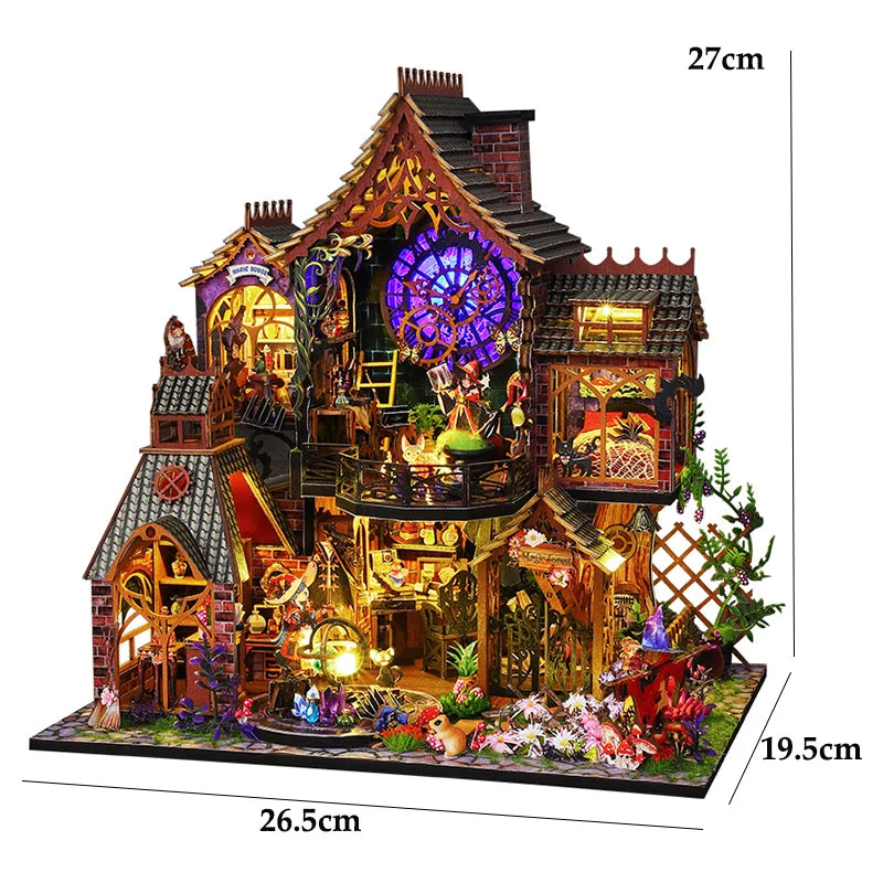 Miniatuur houten poppenhuis met LED-verlichting en meubels 15