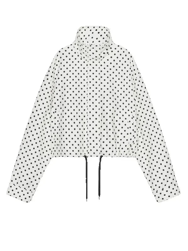 Stylowy Zestaw Damski w Kropki: Kurtka ze Stójką i Spodenki z Wysokim Stanem, Casual, Elegancki 8