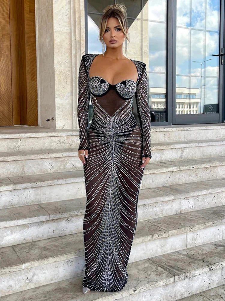 Sukienka Maxi z Brokatową Siatką, Przezroczysta, Pełne Rękawy, na Imprezę 5