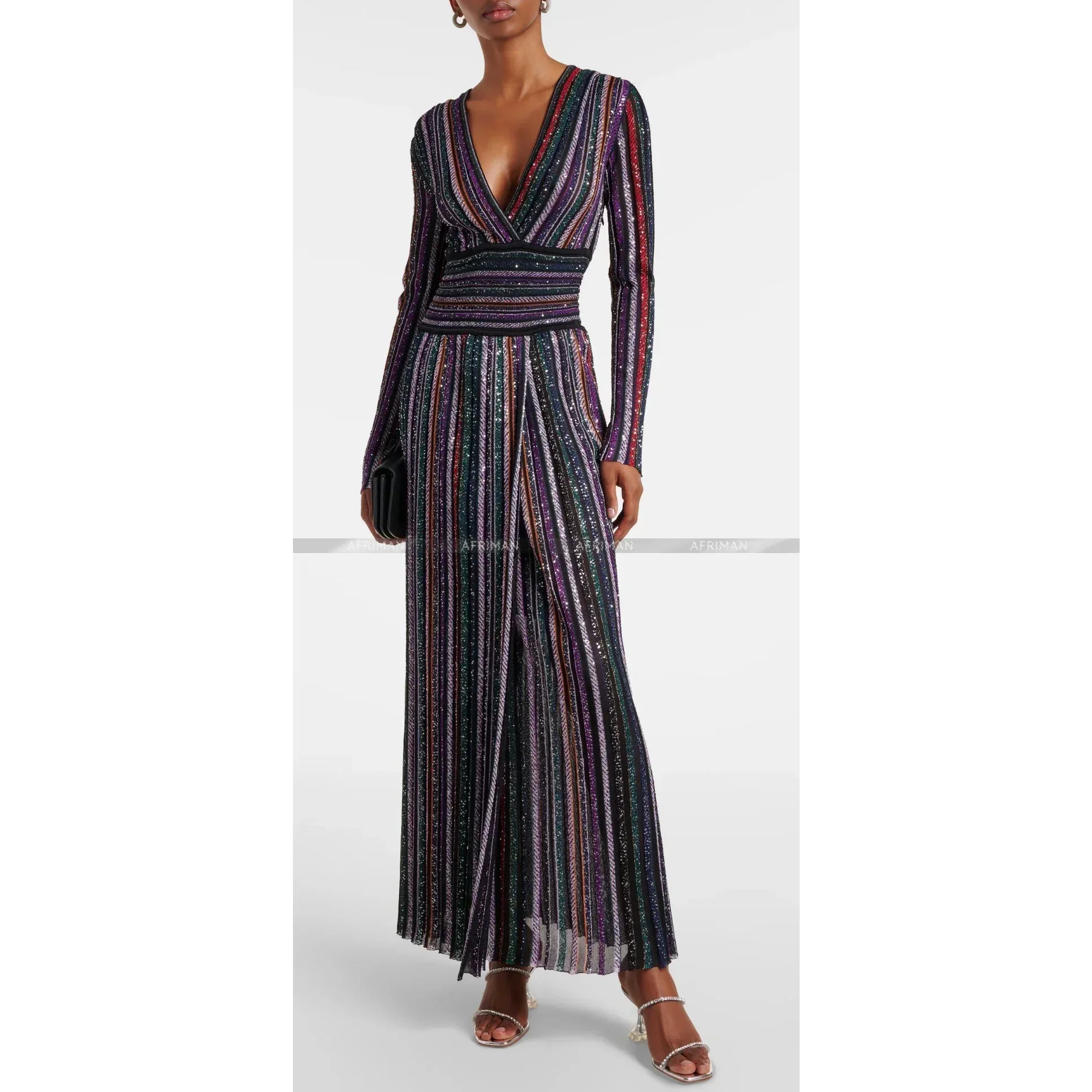 Sukienka na wesele z cekinami, dekoltem w szpic i plisowanym paskiem, 4 kolory 7