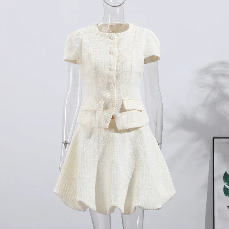 Tweedowa koszula z bufiastymi rękawami i spódnicą - zestaw damski 6