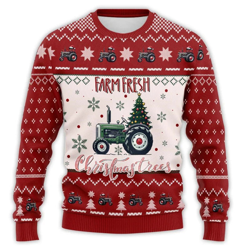 Vintage kersttrui voor heren met boerderijtractor en kerstman 0